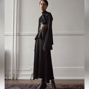 beaufille Black Satin Midi Dress with Structured Waist Detail